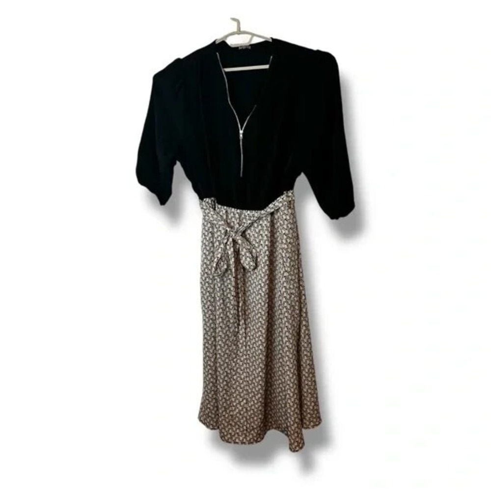 Bloomchic Black Tan Zipper Trim Belted Midi‎ Dress 18 20
